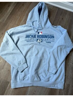 MLB Jackie Robinson Blue 42 Vero Beach Florida Light Blue Hoodie Size L XL